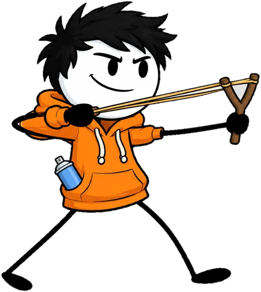 O herói de moletom laranja mirando a baladeira